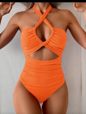 SHEIN Orange Crisscross Cutout One-Piece Swimsuit